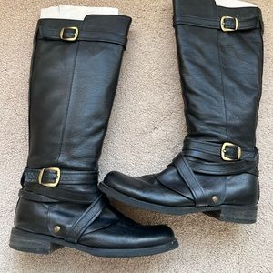 Miz Mooz Black Leather Knee-High Riding Boots with Gold Buckles